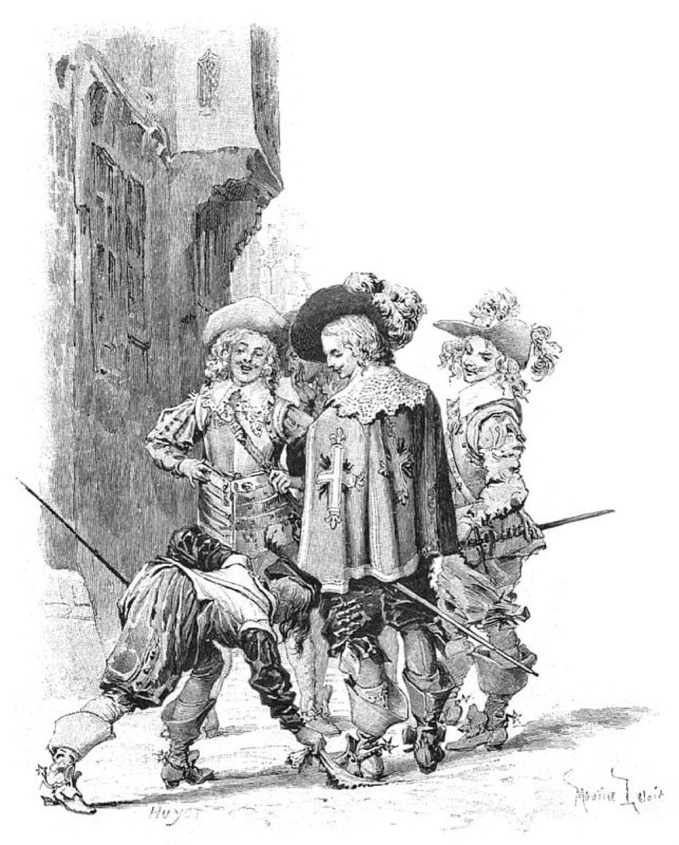 D’Artagnan pisa num lenço que Aramis tenta esconder, diante de outros mosqueteiros.