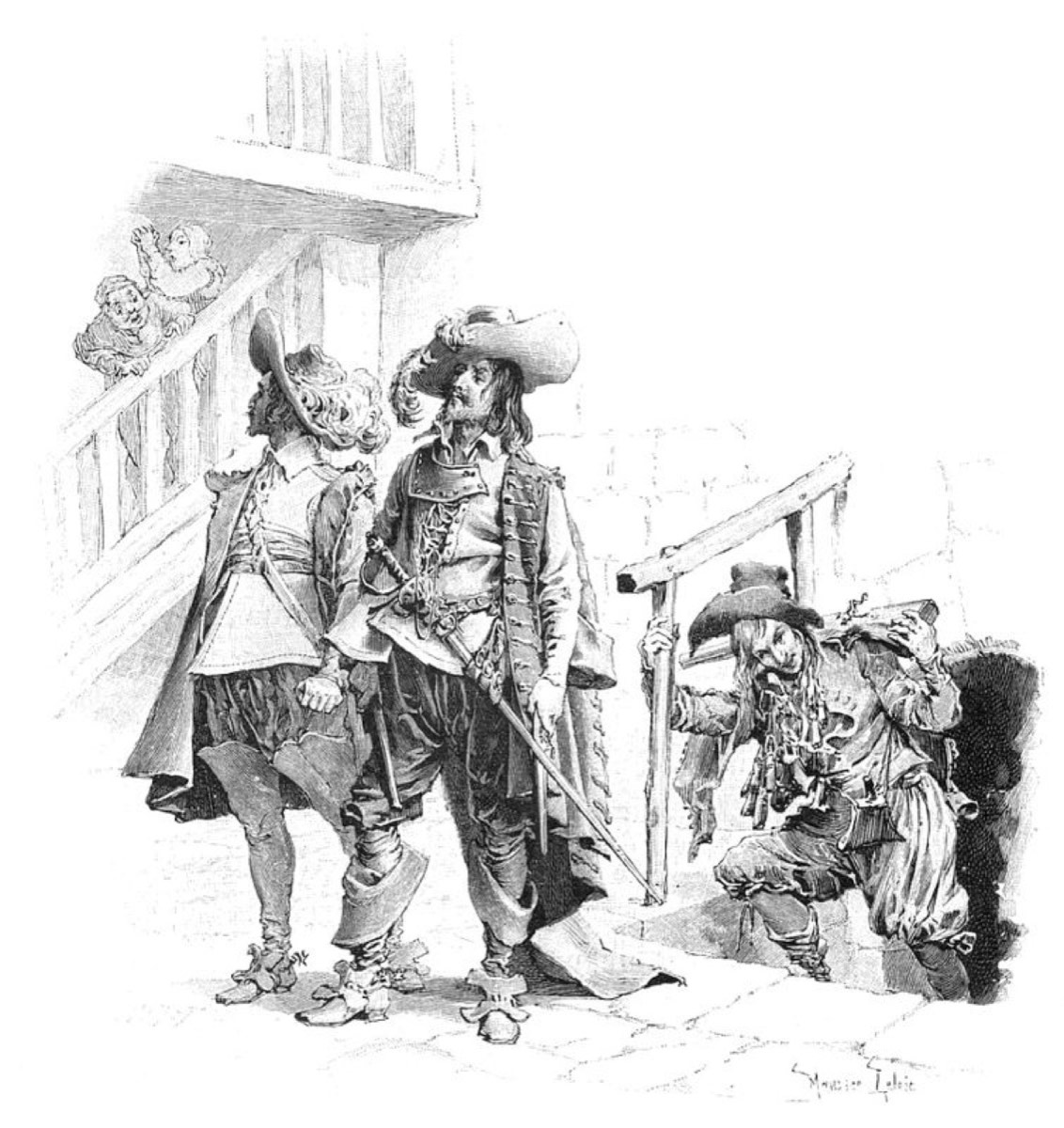 Athos sai cambaleando da adega de uma estalagem diante de d’Artagnan.