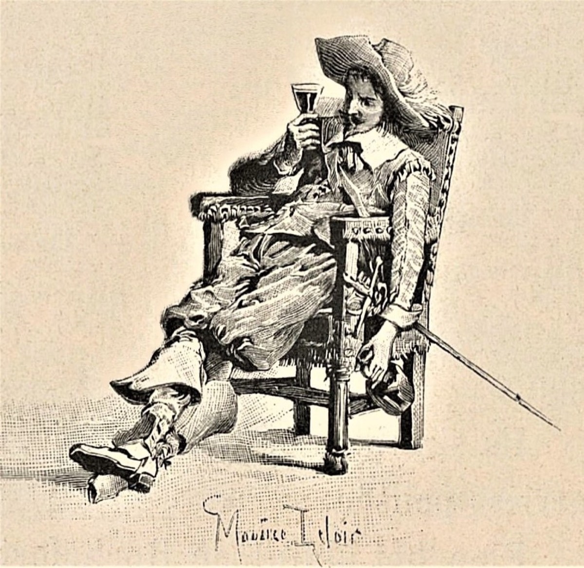 Athos largado numa poltrona, ergue um copo de vinho.
