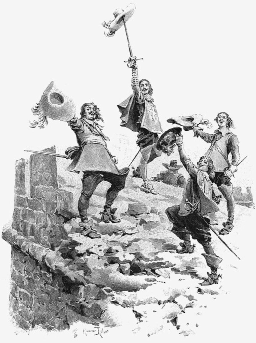 Os mosqueteiros, de pé sobre os destroços do bastião, agitam os chapéus.