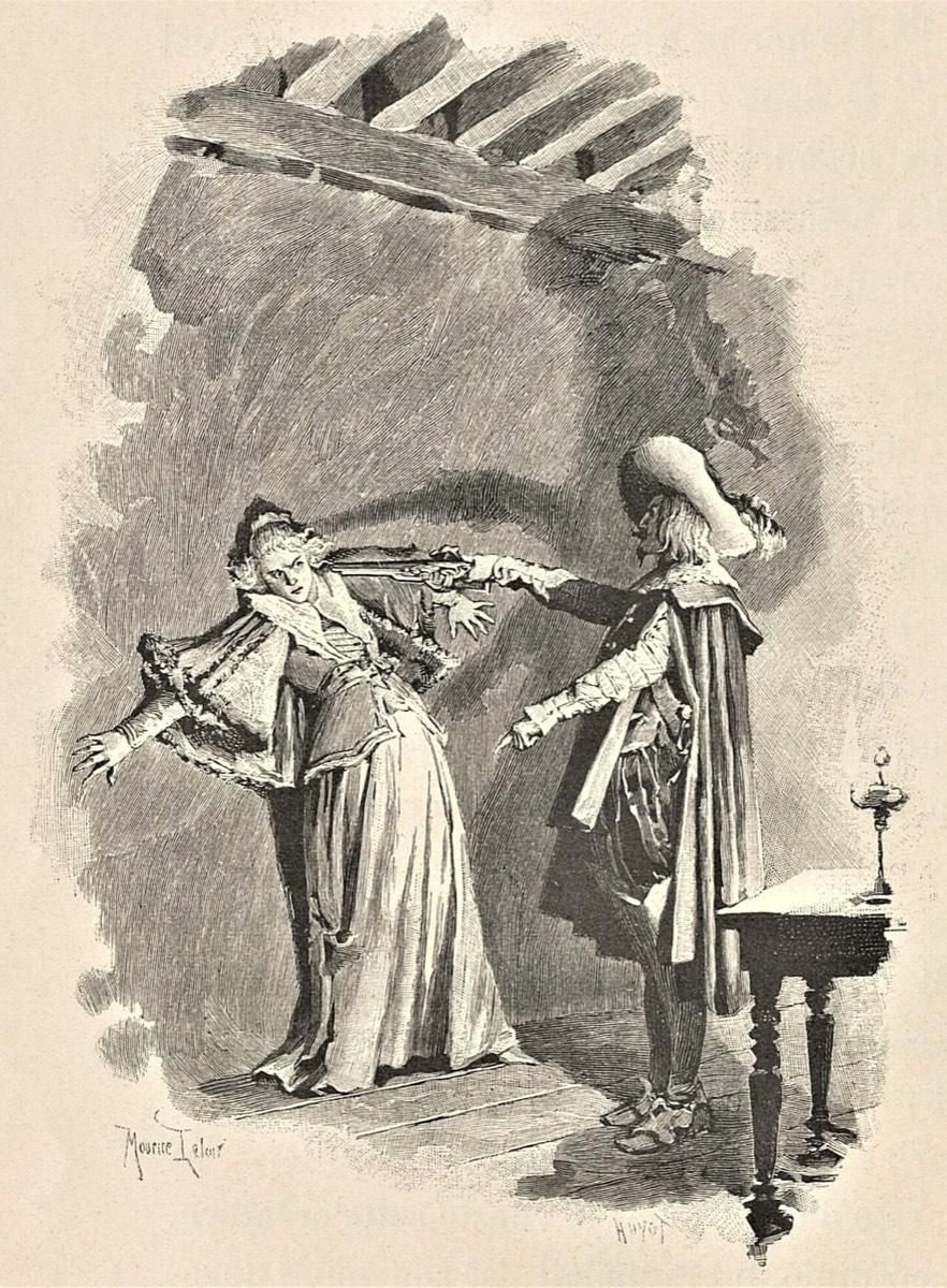 Athos, com uma pistola, obriga Milady a entregar um papel.