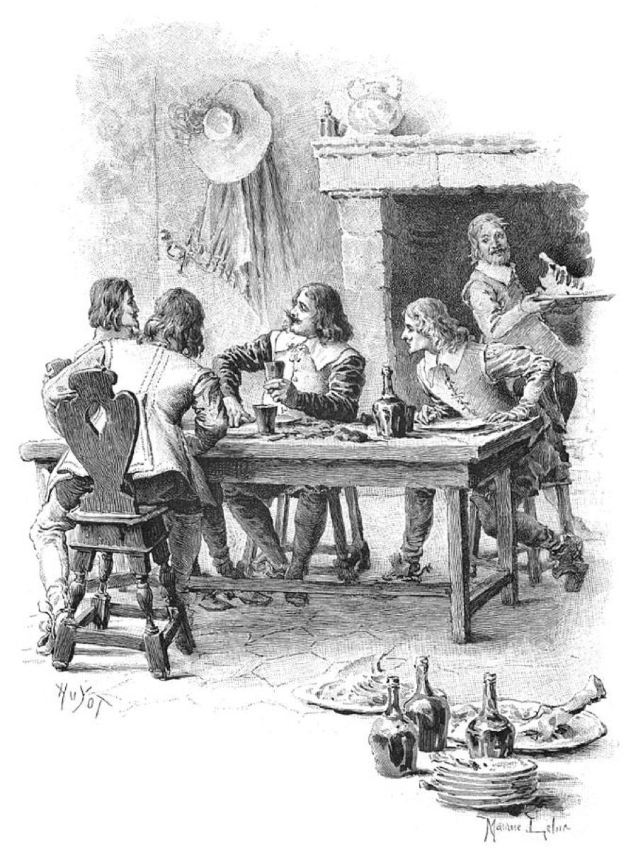 Os quatro mosqueteiros reunidos em volta de uma mesa de taverna, conversando em voz baixa.