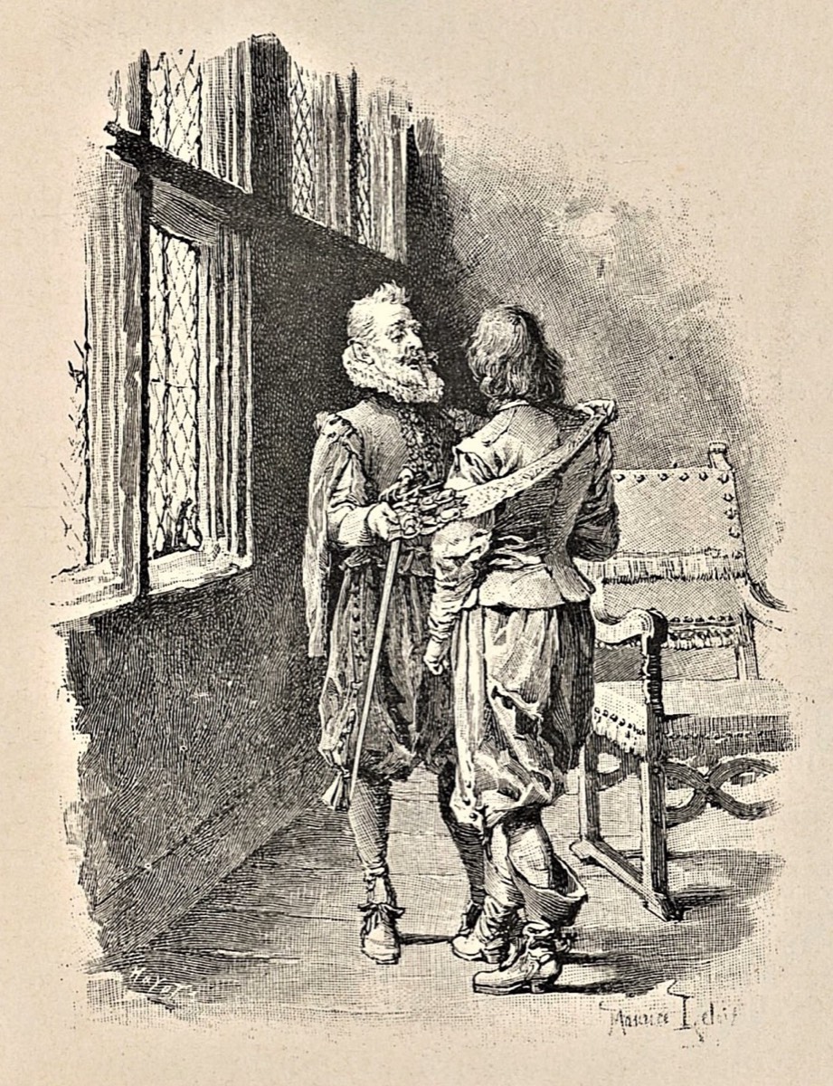 O velho d’Artagnan, junto a uma janela, aconselha o filho.