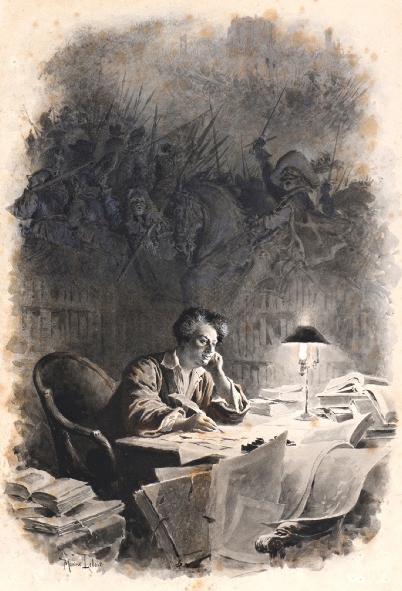 Alexandre Dumas escreve à luz de um lampião enquanto, no escuro atrás dele, surgem cavaleiros e espadachins.