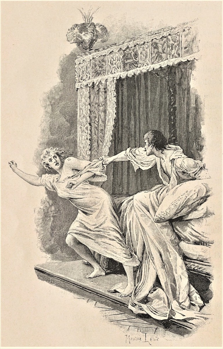 Milady se debate enquanto d’Artagnan descobre a flor-de-lis marcada em seu ombro.