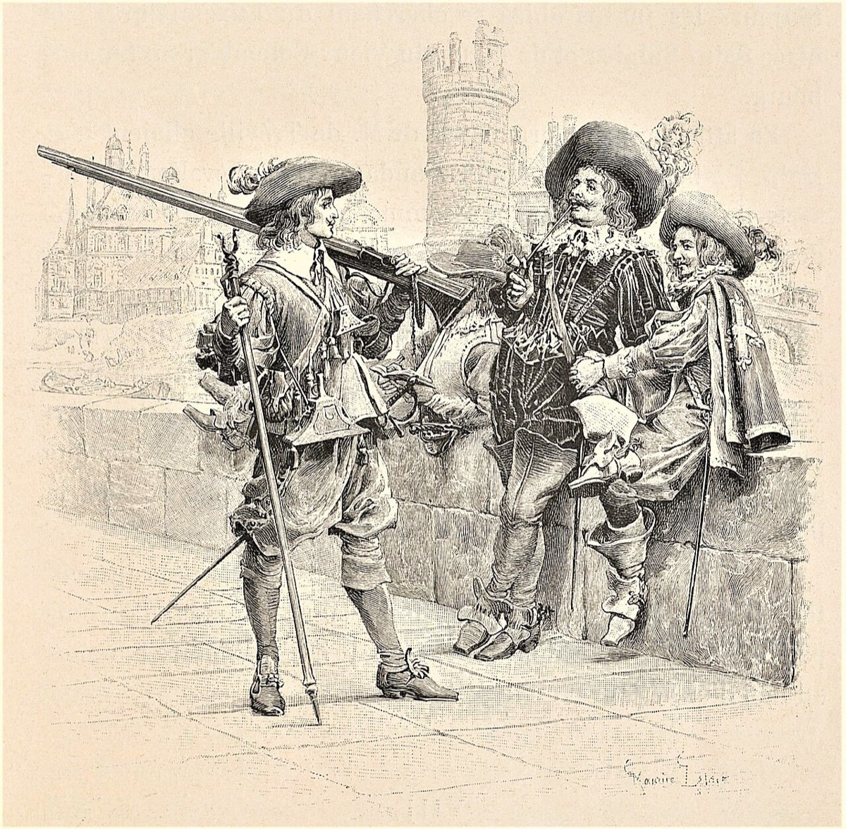 D’Artagnan monta guarda com Porthos e Aramis diante de uma muralha.