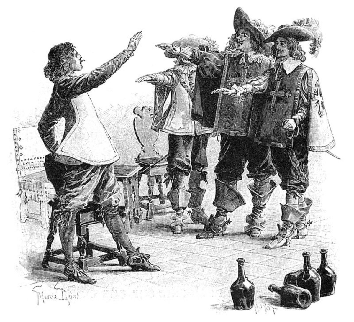 Gravura: d’Artagnan, Athos, Porthos e Aramis erguem as espadas num juramento ao redor de uma mesa, com garrafas vazias pelo chão.