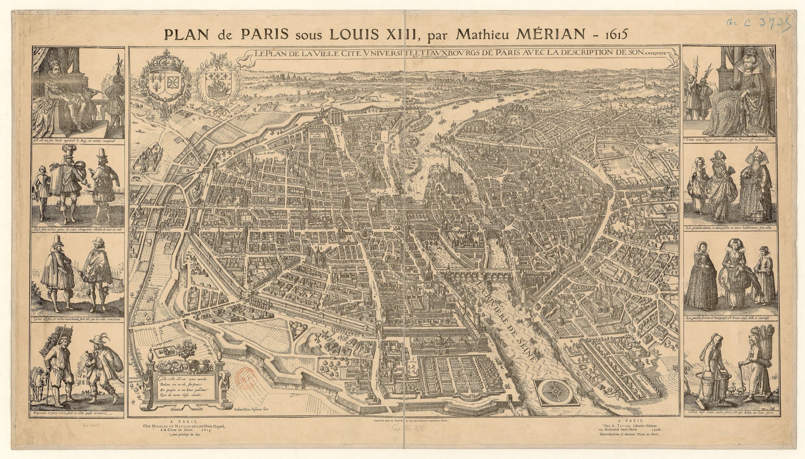 Planta de Paris em vista de pássaro gravada por Matthäus Merian em 1615, com o Sena, a Île de la Cité, o Louvre e os subúrbios.