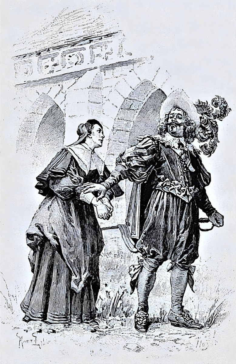 Porthos, de chapéu de plumas, conversa com a senhora Coquenard diante de uma porta.