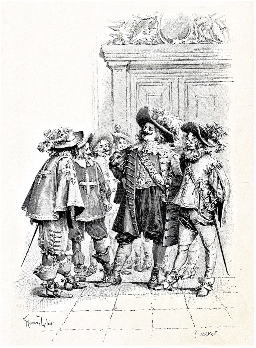 Porthos exibe seu boldrié bordado a ouro diante de outros mosqueteiros.