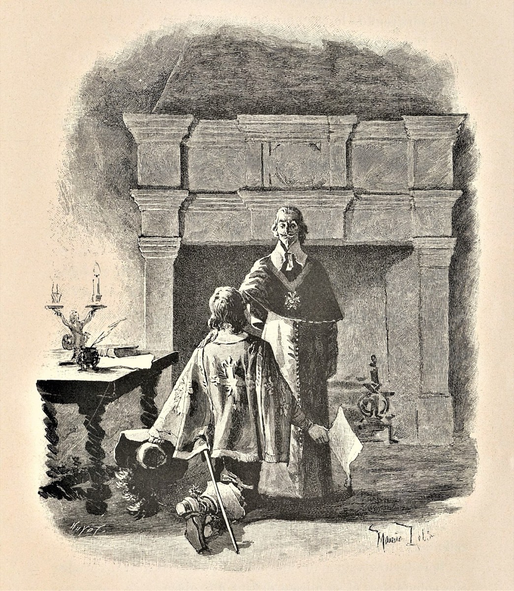 D’Artagnan diante do cardeal de Richelieu, junto a uma grande lareira.