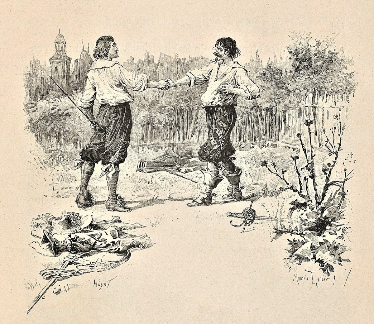 D’Artagnan e Rochefort, de espadas baixadas, apertam as mãos num campo.